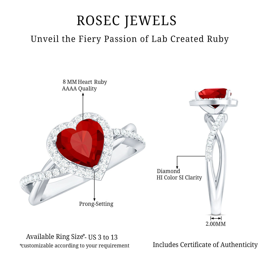 Heart Shaped Lab Created Ruby Crossover Engagement Ring with Natural Diamonds