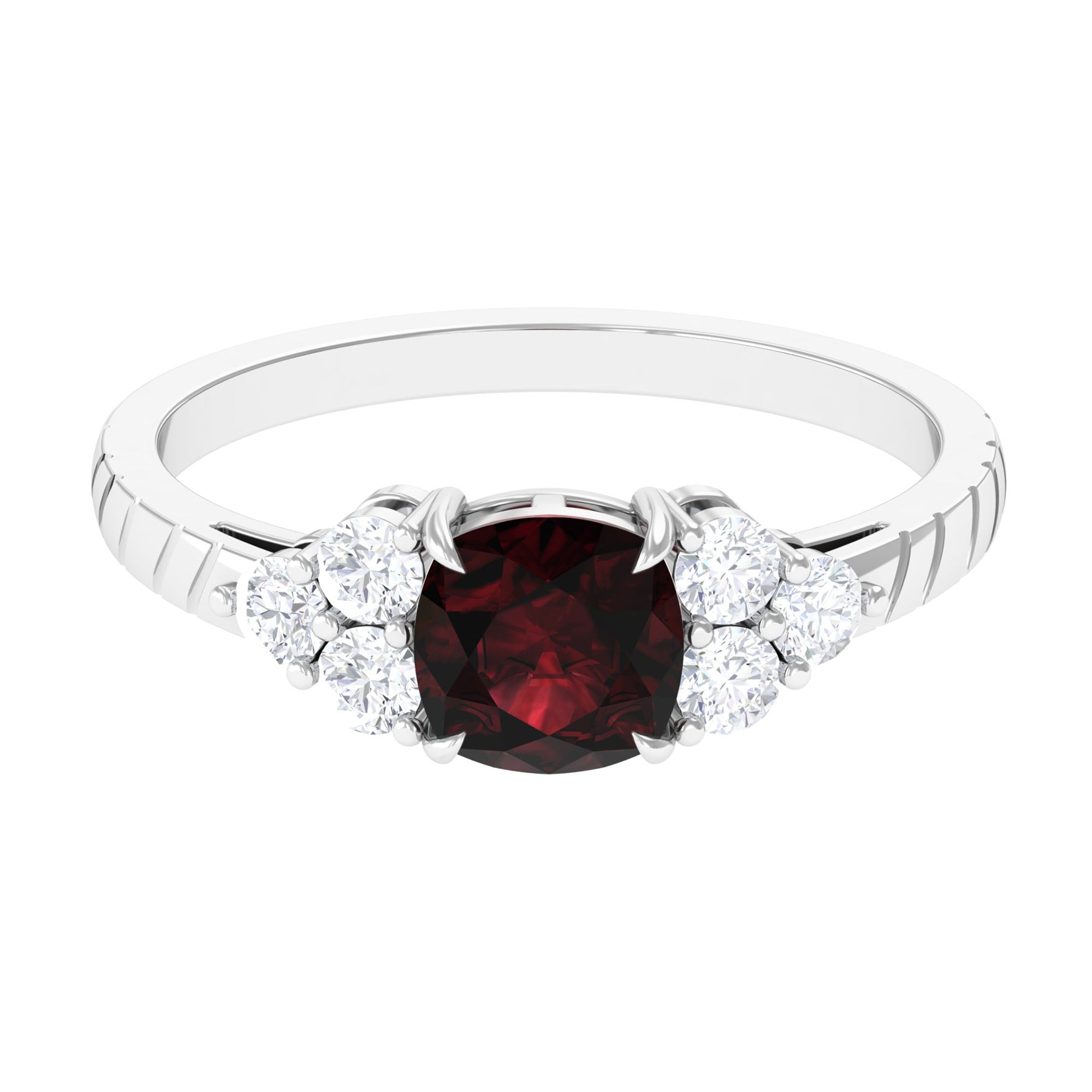 Natural 3.2 Carat Garnet Cushion Cut Engagement Ring with Diamond Trio