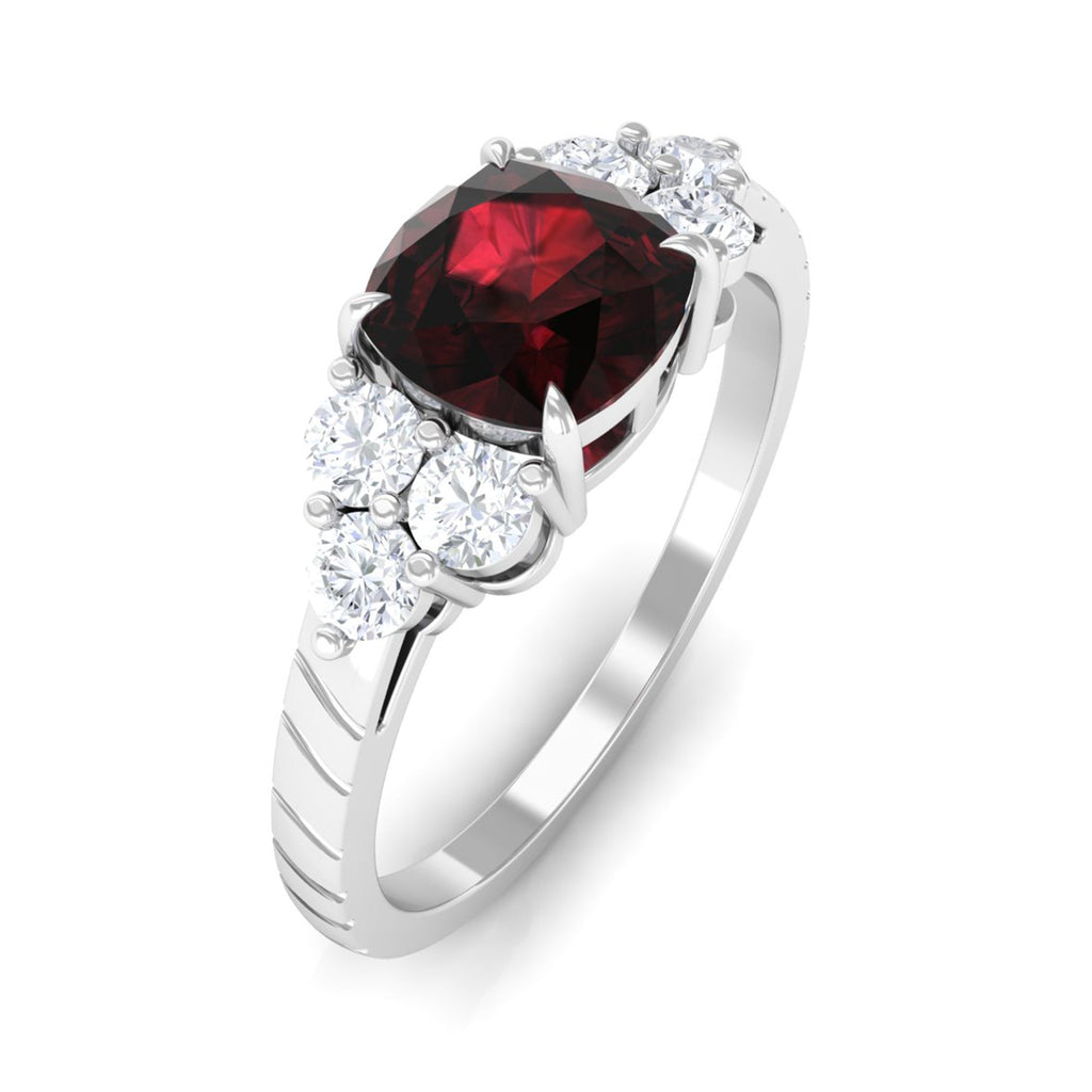 Natural 3.2 Carat Garnet Cushion Cut Engagement Ring with Diamond Trio