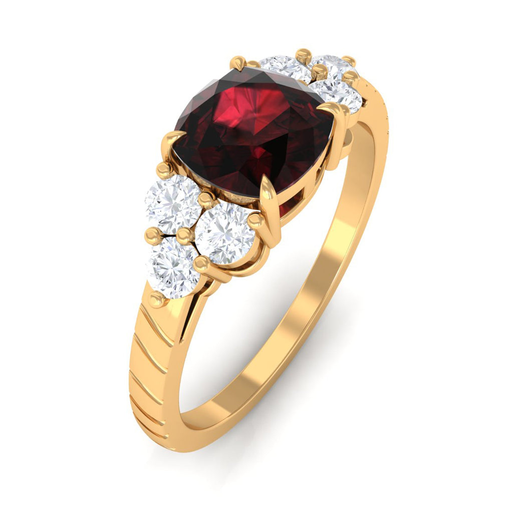 Natural 3.2 Carat Garnet Cushion Cut Engagement Ring with Diamond Trio