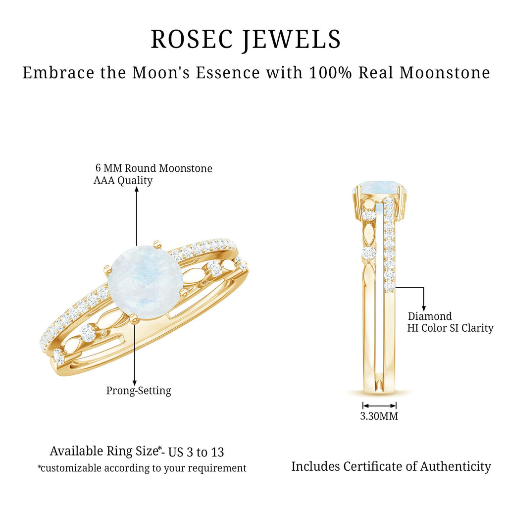 0.3 Carat Moonstone Double Band Solitaire Engagement Ring with Diamond