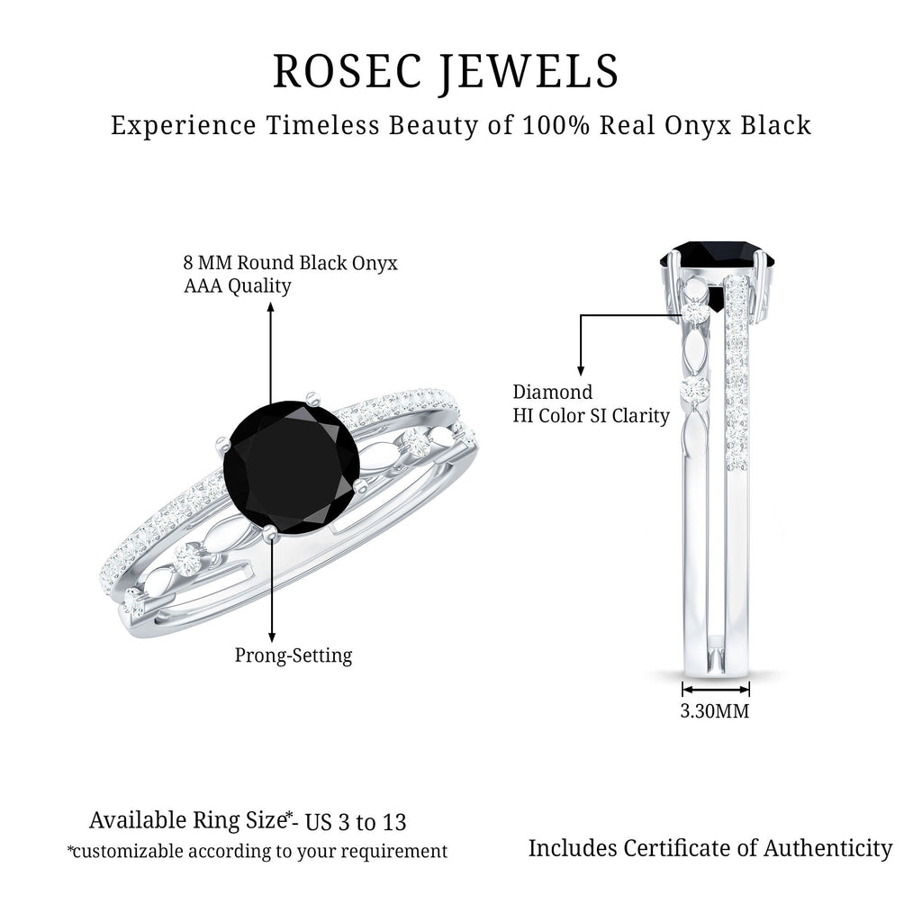 2 Carat Round Black Onyx and Diamond Promise Engagement Double Band Ring
