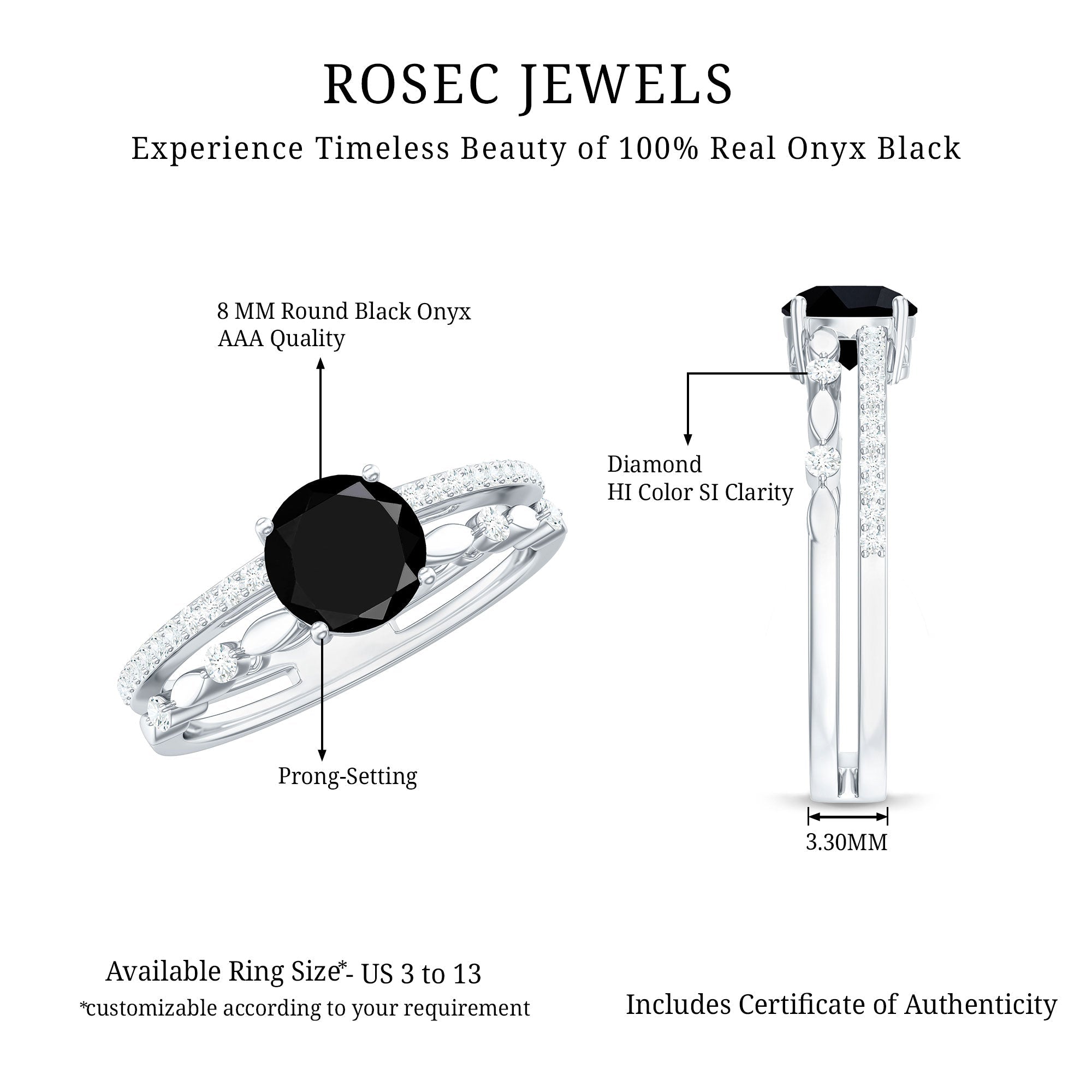 2 Carat Round Black Onyx and Diamond Promise Engagement Double Band Ring