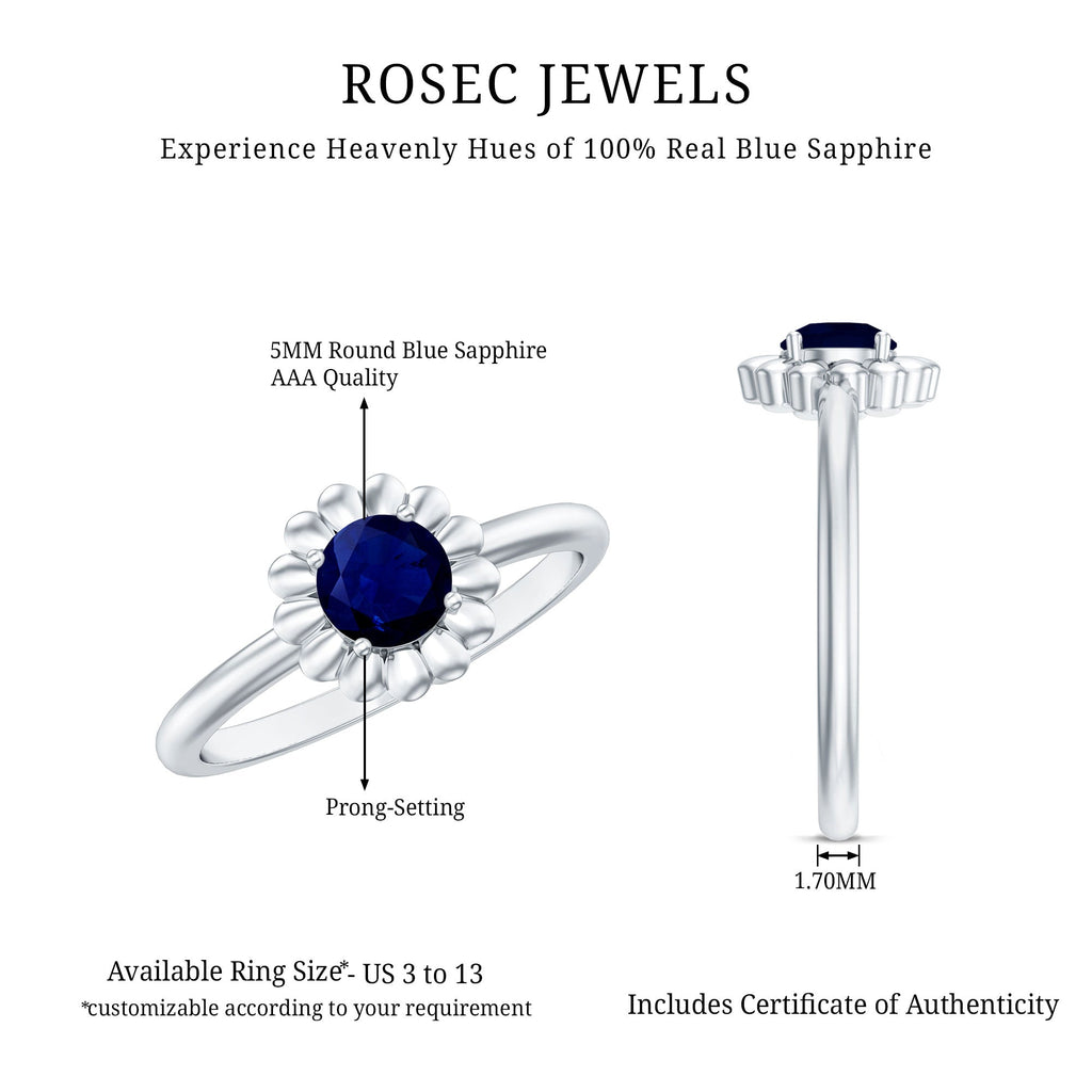 0.9 Carat Round Cut Solitaire Blue Sapphire Flower Ring