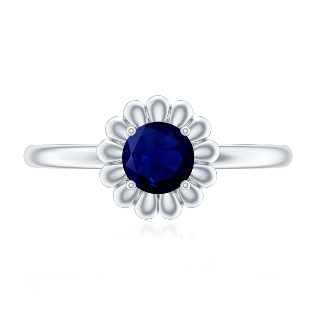 0.9 Carat Round Cut Solitaire Blue Sapphire Flower Ring