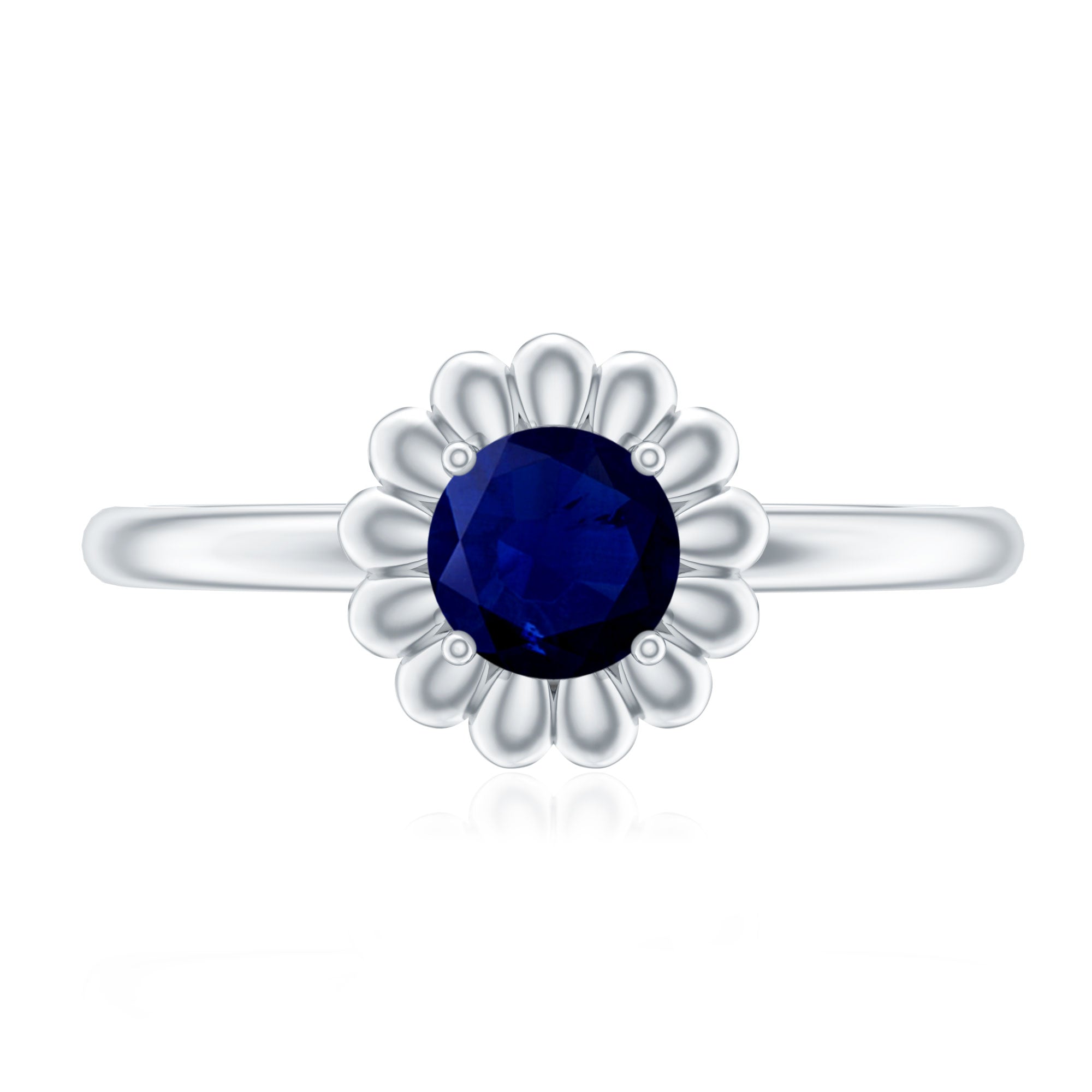 0.9 Carat Round Cut Solitaire Blue Sapphire Flower Ring