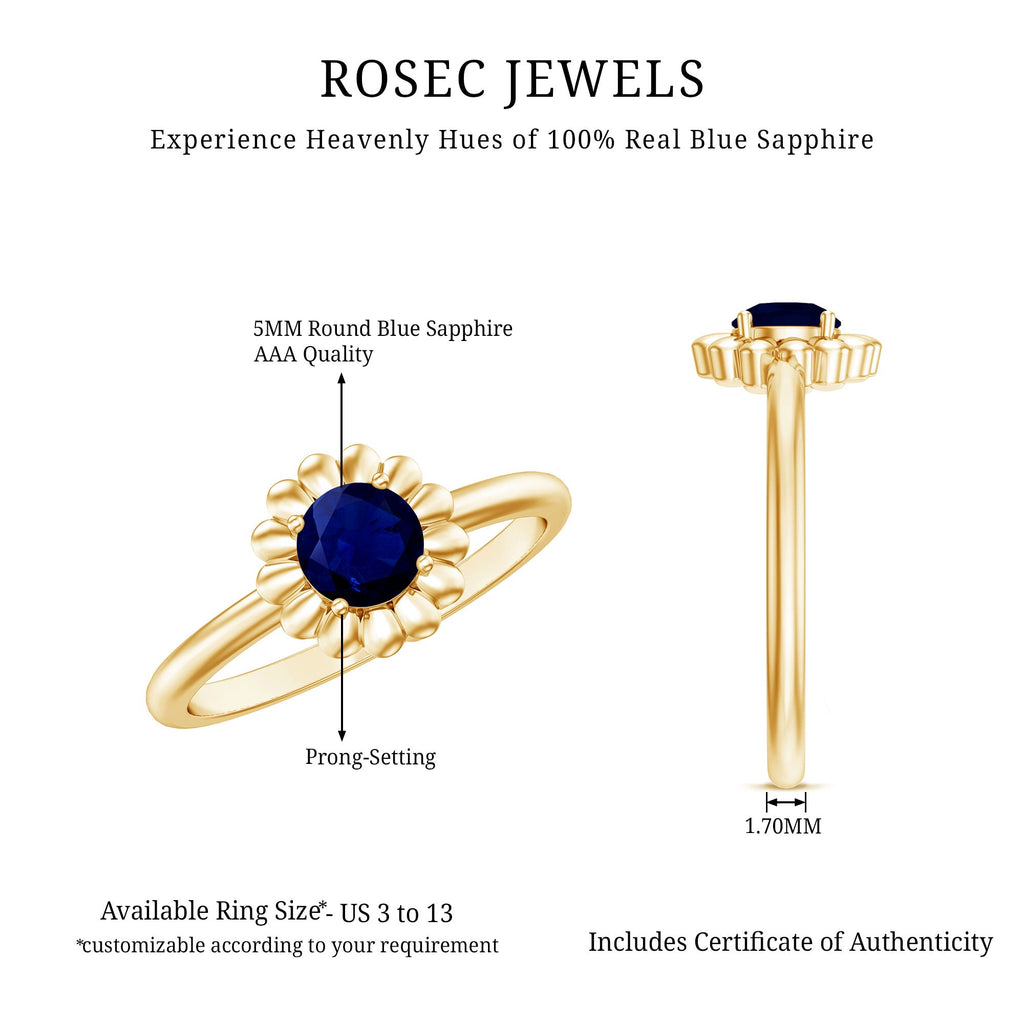 0.9 Carat Round Cut Solitaire Blue Sapphire Flower Ring