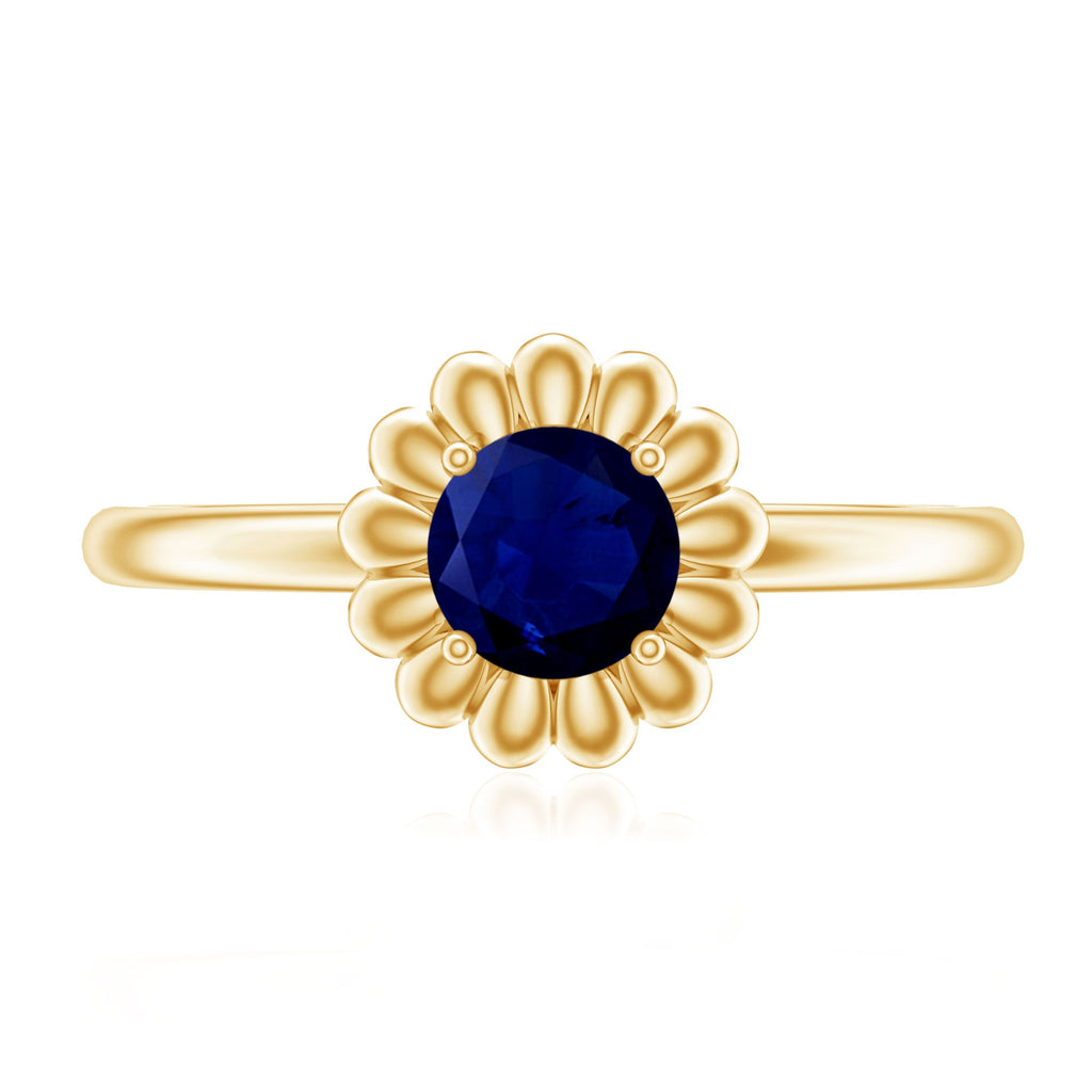 0.9 Carat Round Cut Solitaire Blue Sapphire Flower Ring
