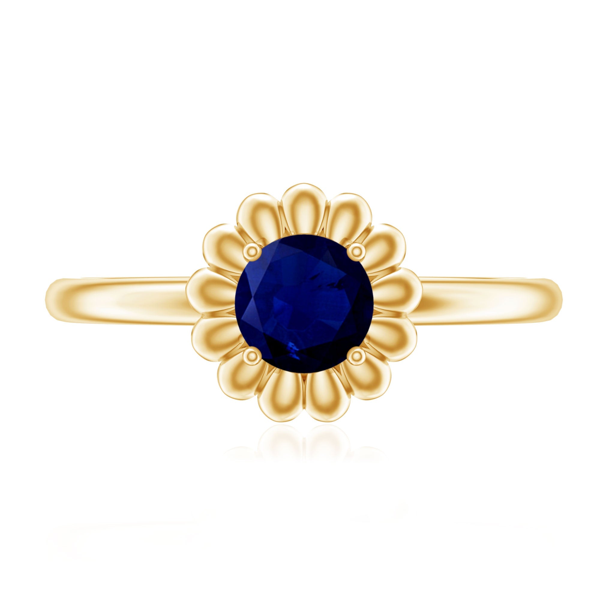 0.9 Carat Round Cut Solitaire Blue Sapphire Flower Ring