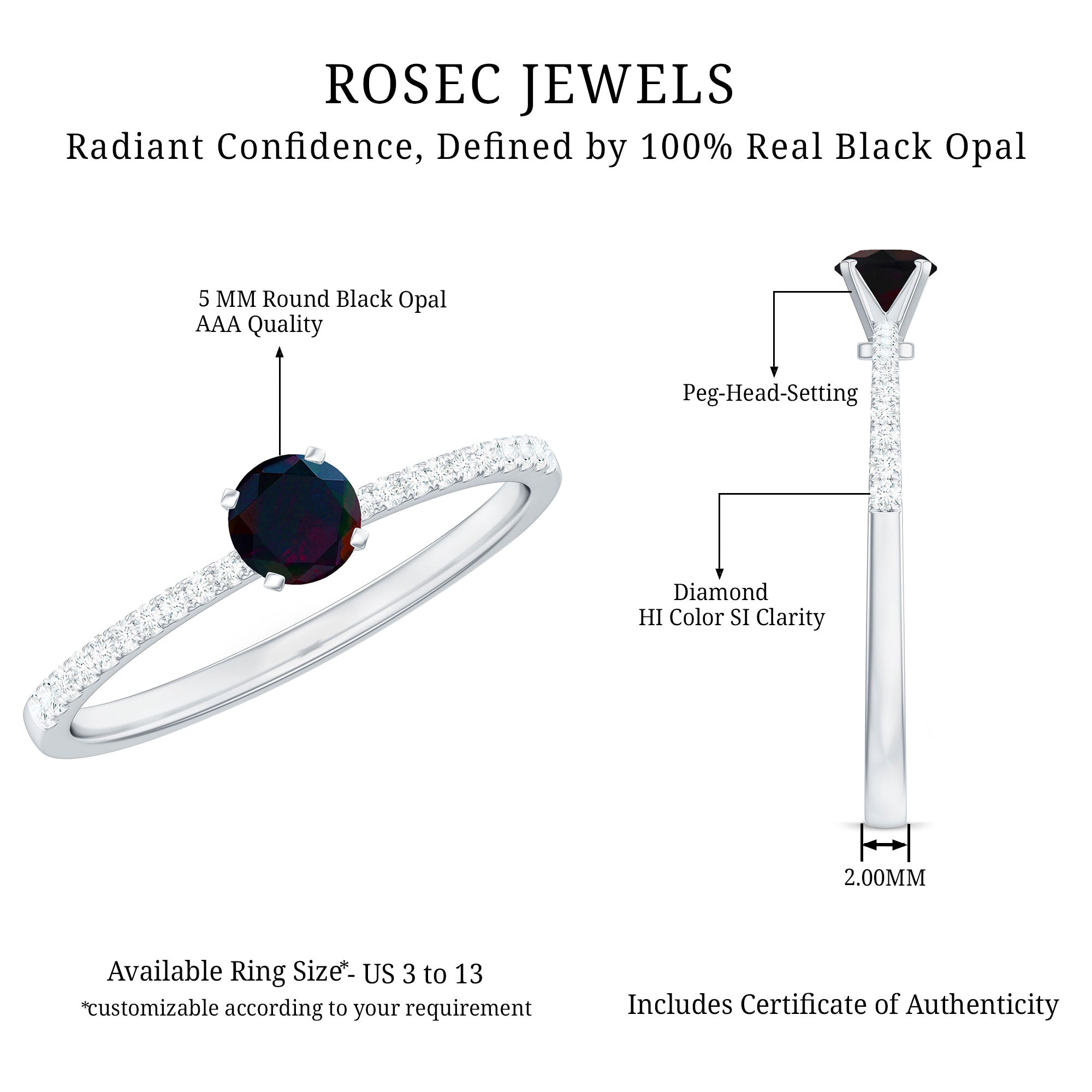 0.4 Carat Round Black Opal Solitaire Engagement Ring with Diamond