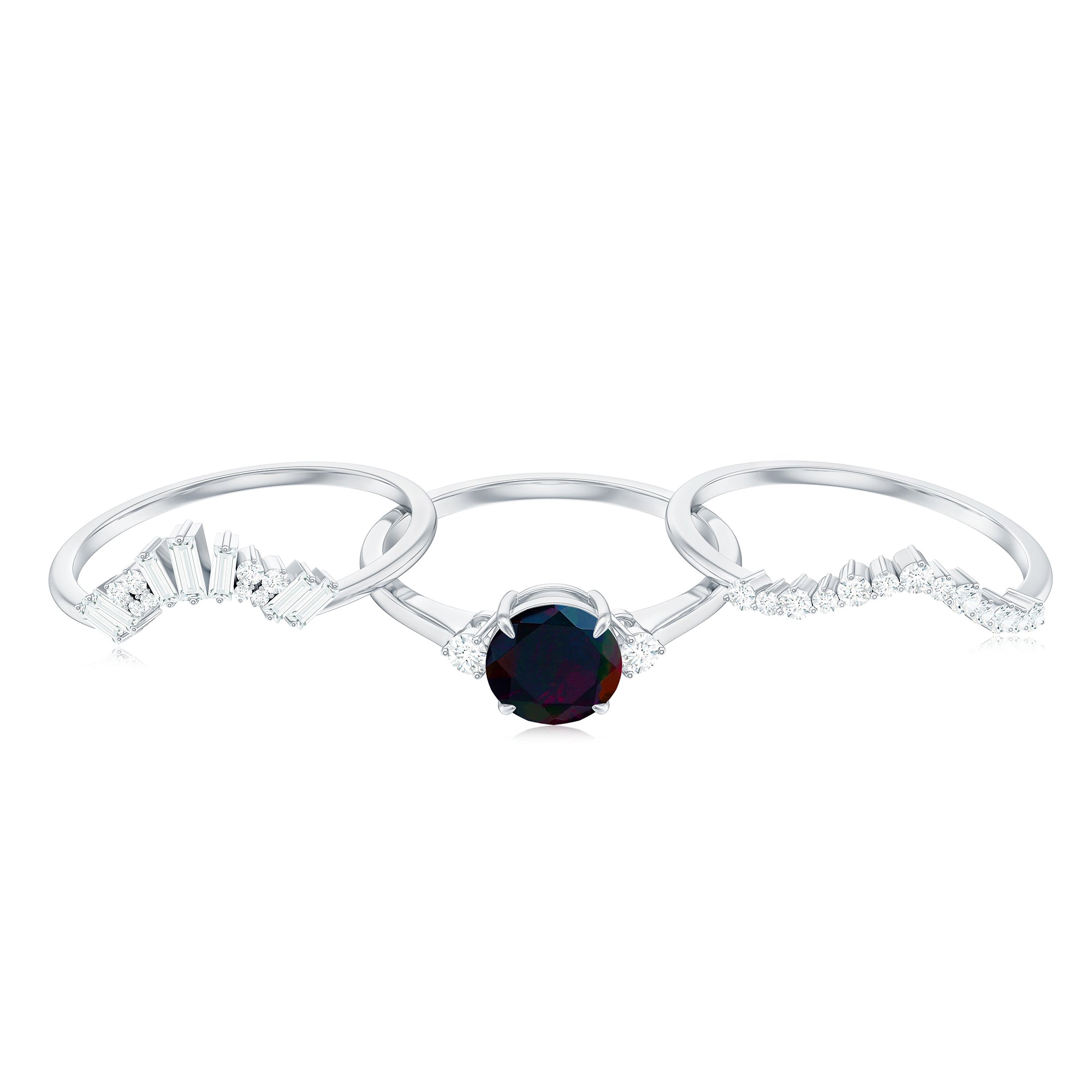 Black Opal Designer Trio Wedding Ring Set with Diamond