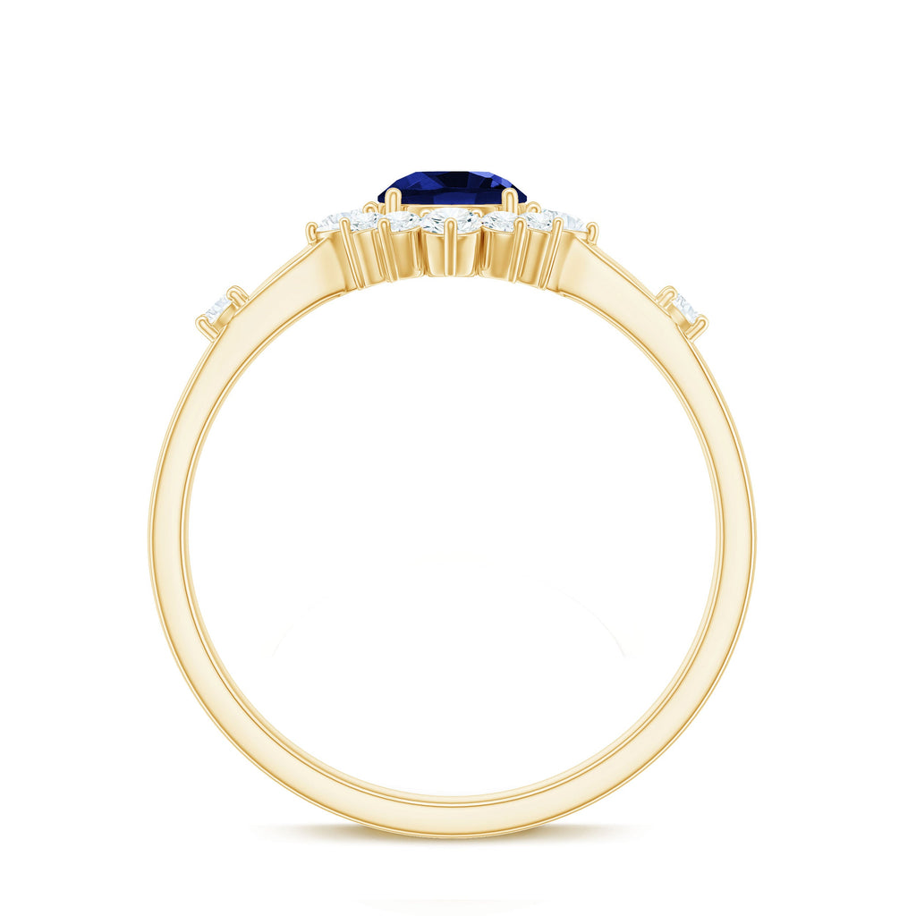 0.6 Carat Round Lab Created Blue Sapphire Classic Halo Ring with Diamond