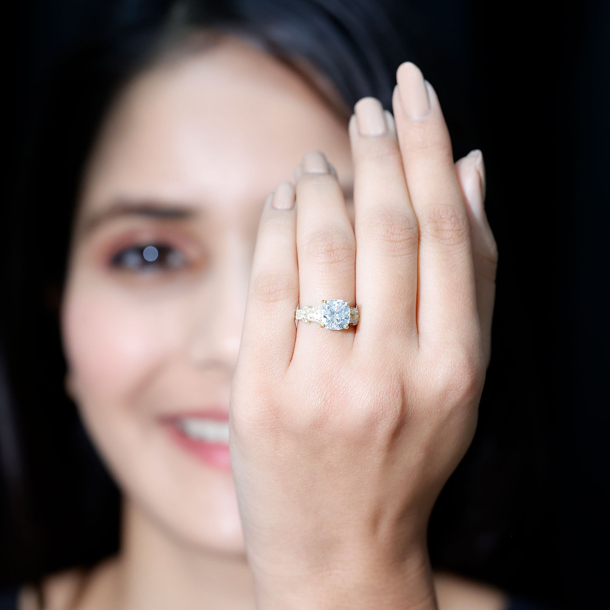 Cushion Cut Moissanite Solitaire Engagement Ring with Split Shank