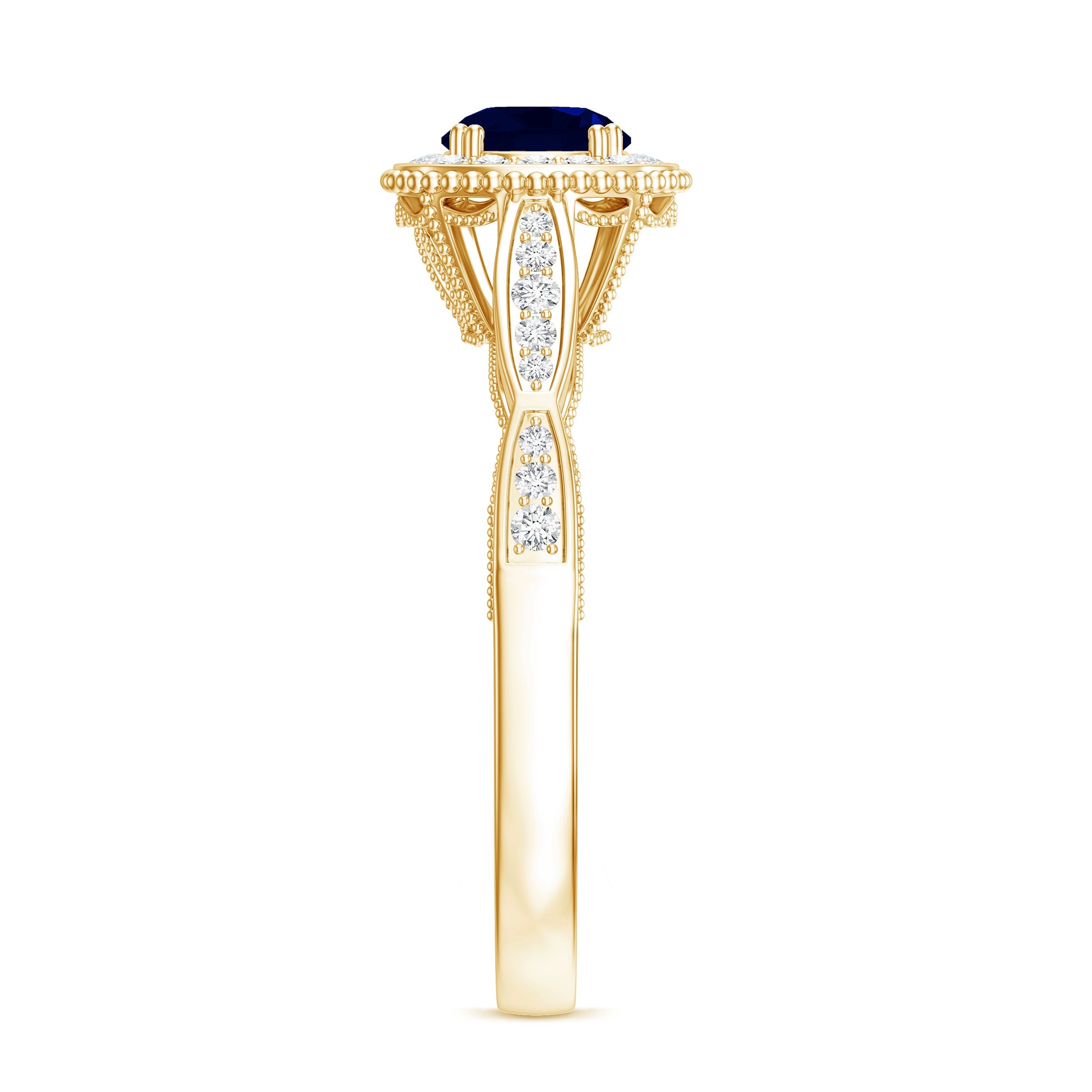 Round 0.9 Carat Blue Sapphire Antique Engagement Ring with Diamond Halo