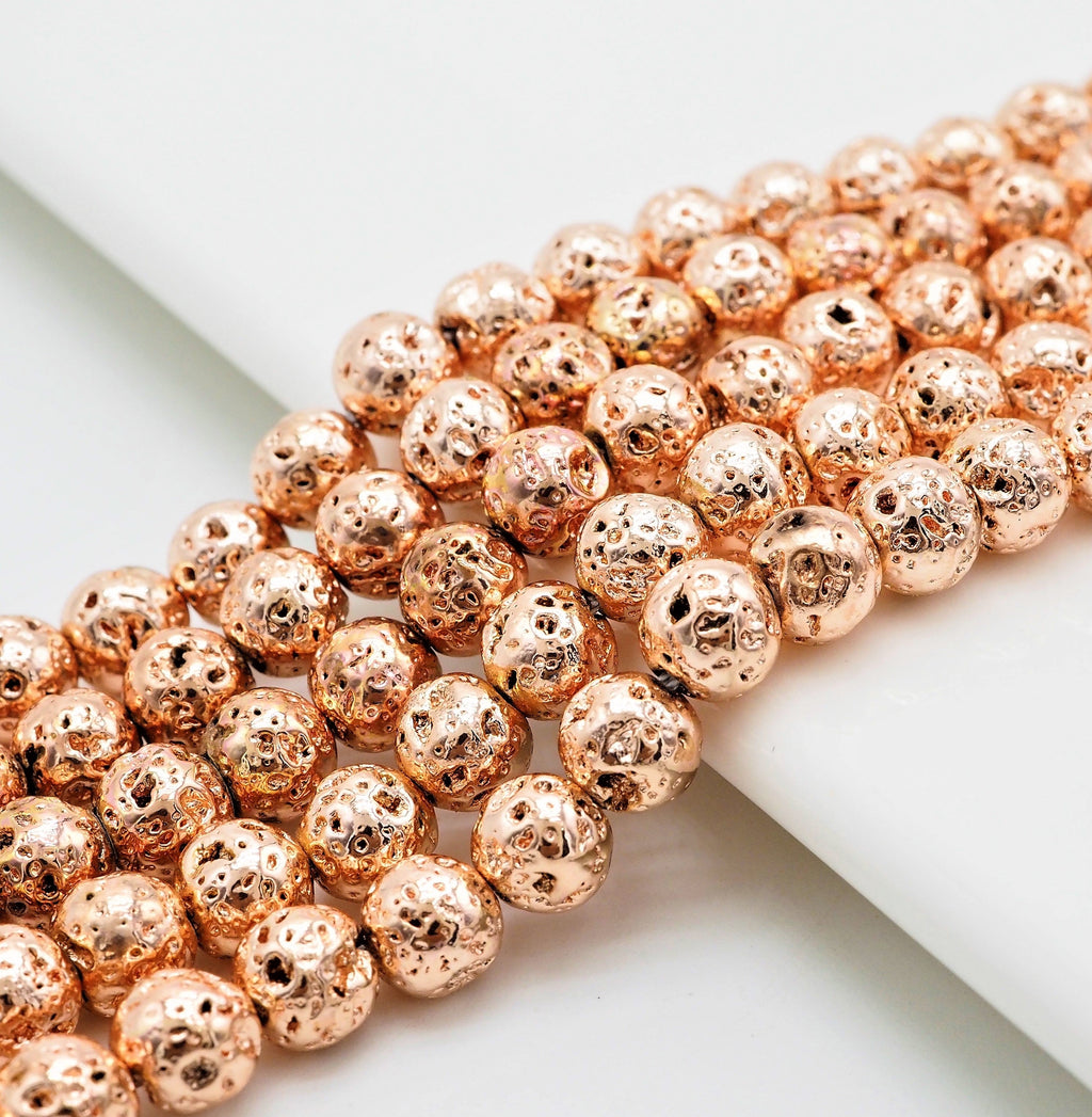 Wholesale Rose Gold Plated Lava Round Beads, 4mm/6mm/8mm/10mm/12mm Rose Gold Gemstone Beads,15.5" Full Strand,SKU#S111