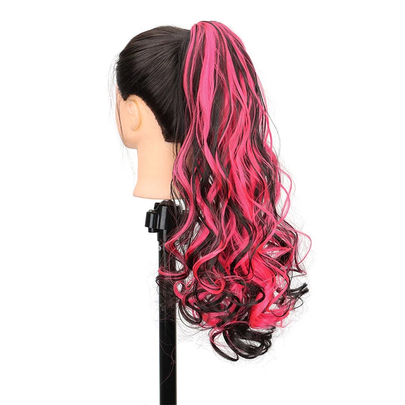 20 Inch Long Curly Ponytail Hair Extension | Mixed Red Purple Clip-In Hairpiece