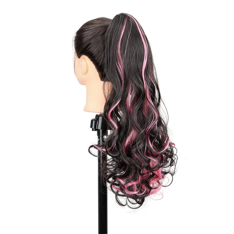 20 Inch Long Curly Ponytail Hair Extension | Mixed Red Purple Clip-In Hairpiece