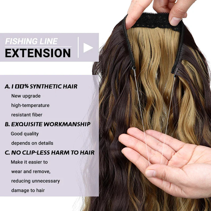Long Synthetic Fishing Line Hair Extensions Elegant Water Wave Curly Styles for Women | Lightweight Fluffy-Looking Hairpiece