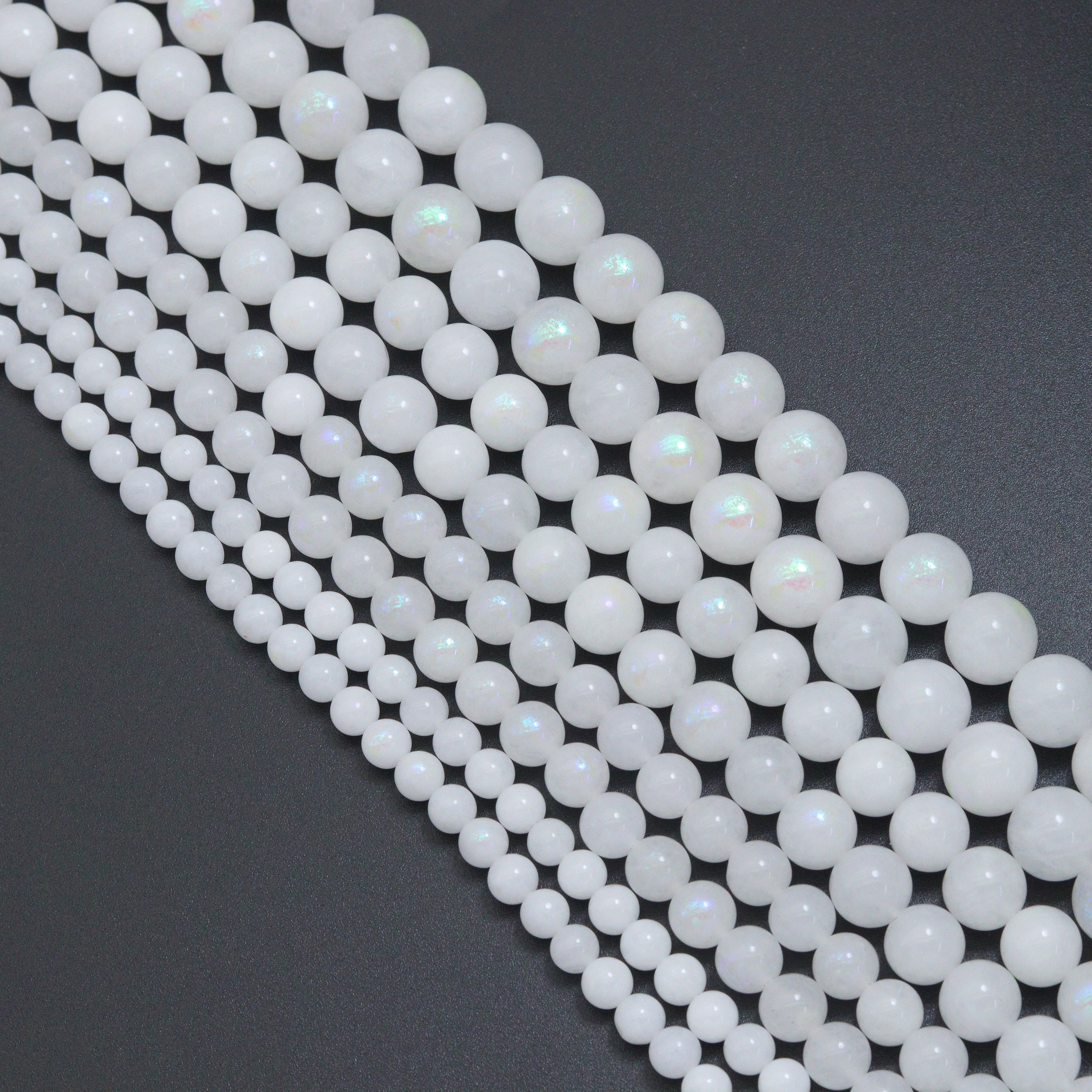 Mystic White Jade Beads, White Iridescent Round Jade Beads, 16inch full strand, sku#U2392