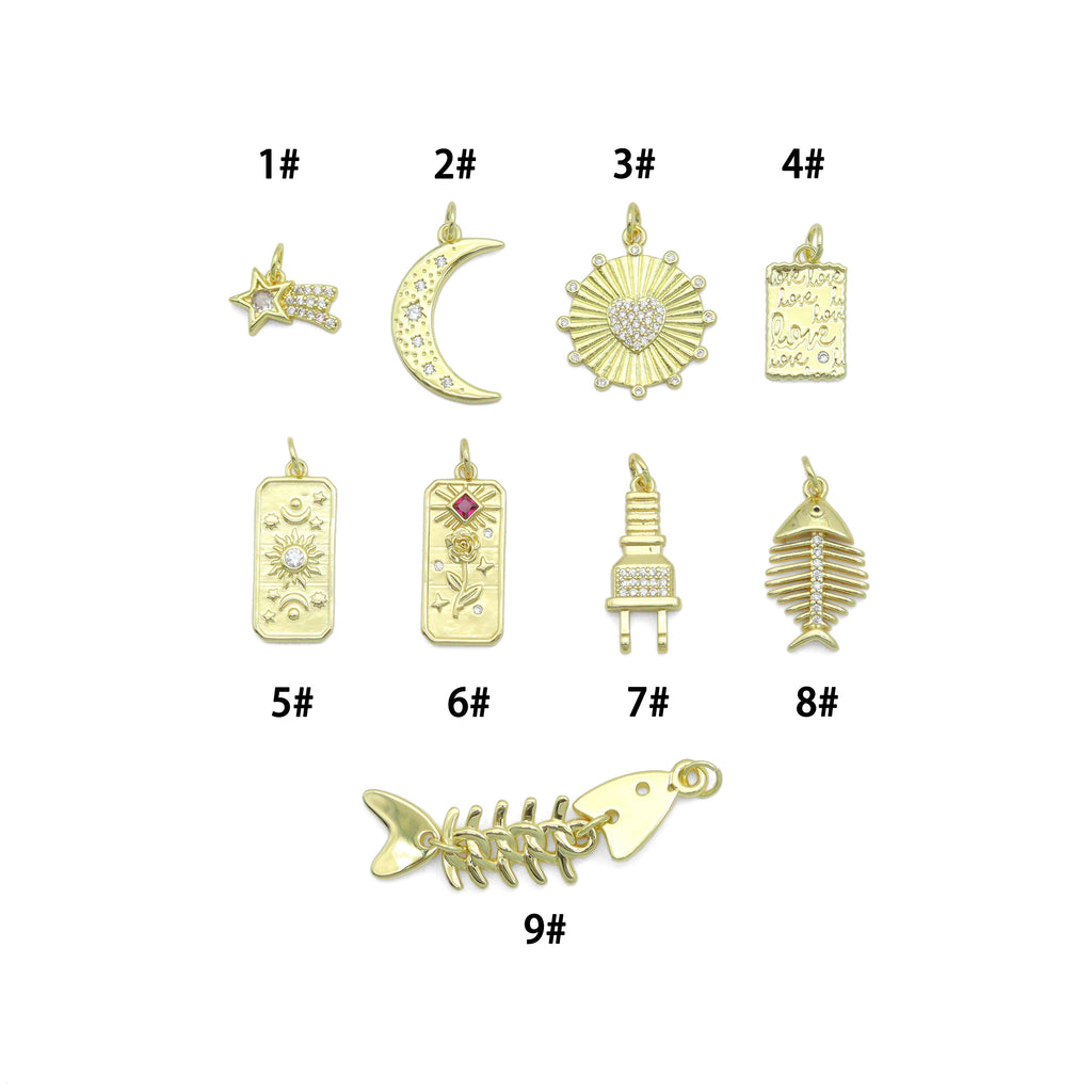 Clear CZ Gold Star Cresent Moon love plug fishbone rectangle Pendant, Sku#Y1051