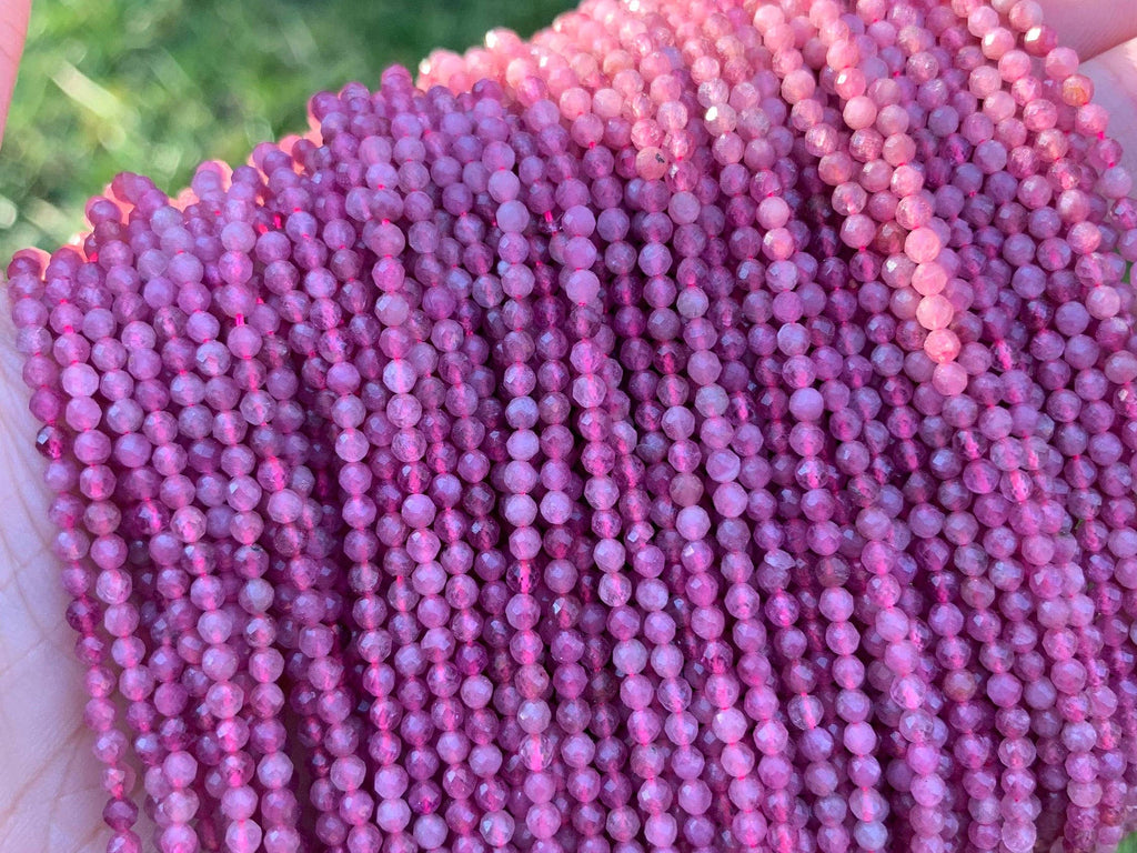Quality Pink Tourmaline Faceted Round Beads, 2mm/3mm Genuine Small Beads, 15.5'' Full Strand, SKU#U1220