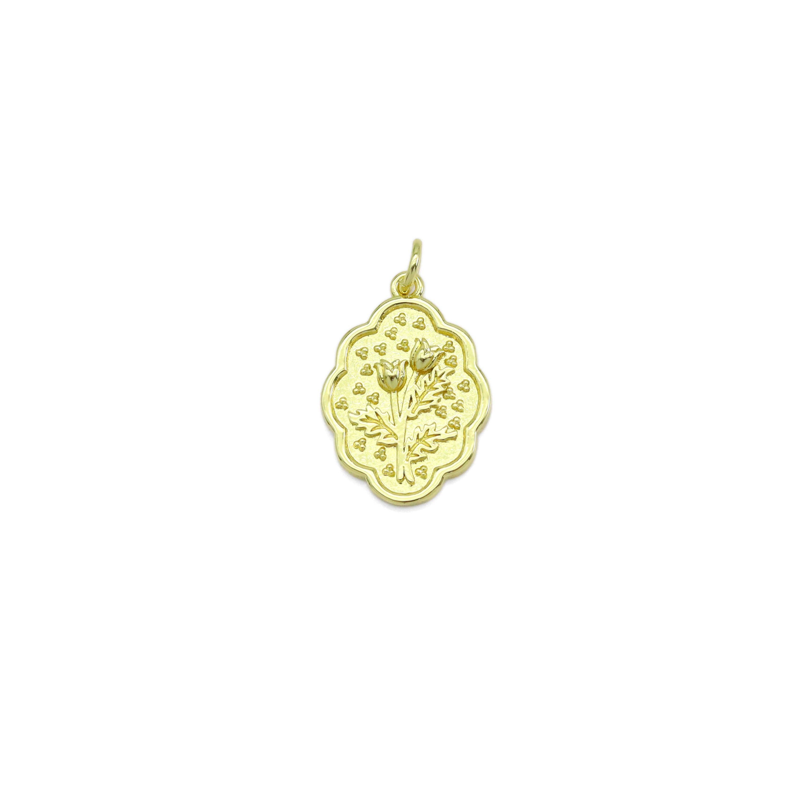 CZ Gold Embossment flower tree Oval Charm, Sku#Z1475