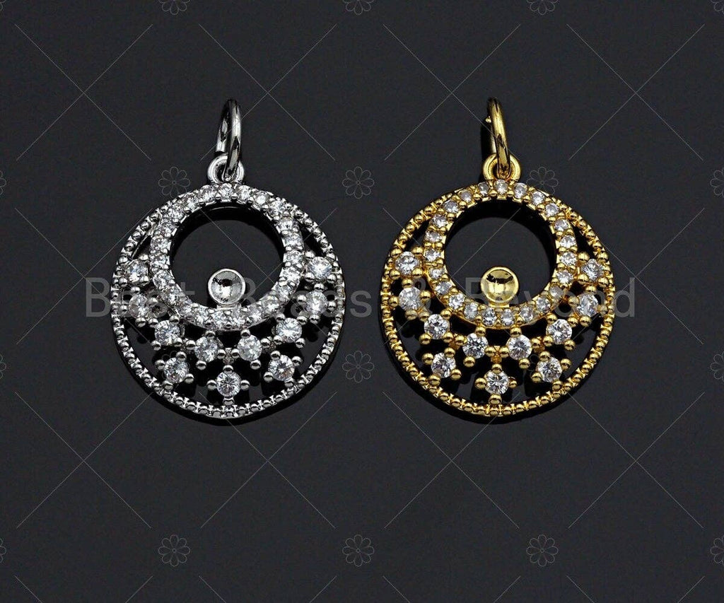 CZ Micro Pave Round Filligree Round GO-GO Pendant/Charm, Hollow Out Cubic Zirconia Pendant, Silver/Gold Tone, 15mm, Sku#Y260
