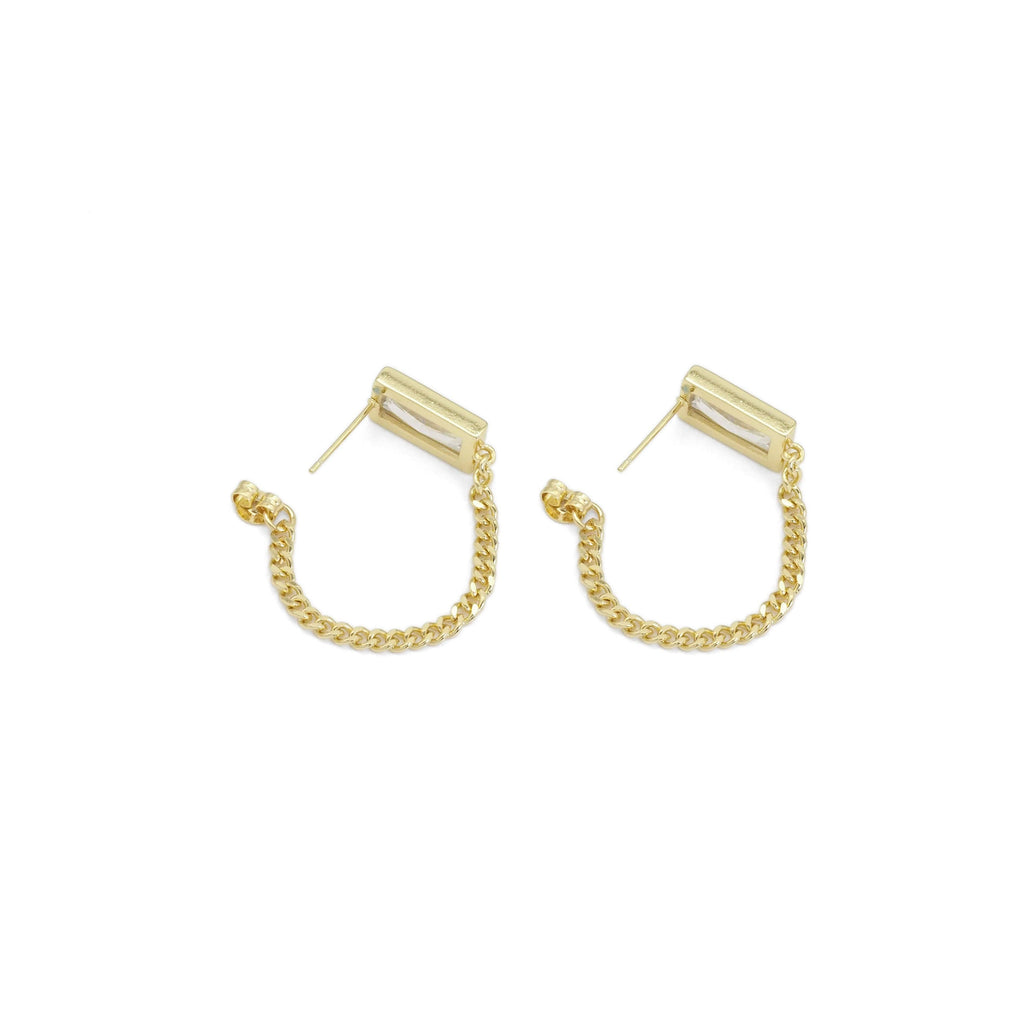 Gold Silver Rectangle CZ With Chain Link Dangle Earrings, Sku#LX374