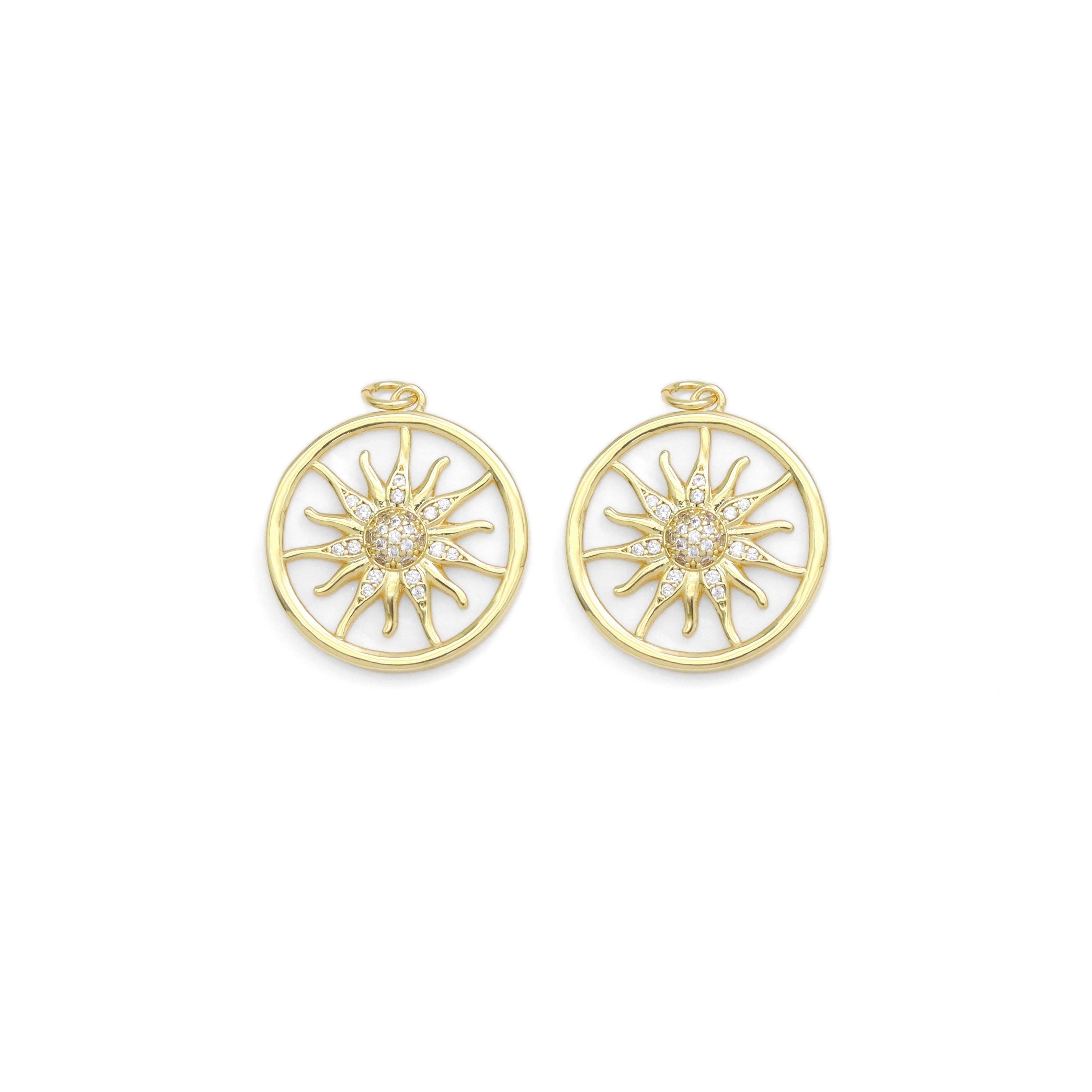 Gold CZ Sunflower Mother of Pearl Coin Charm, Sku#Y904