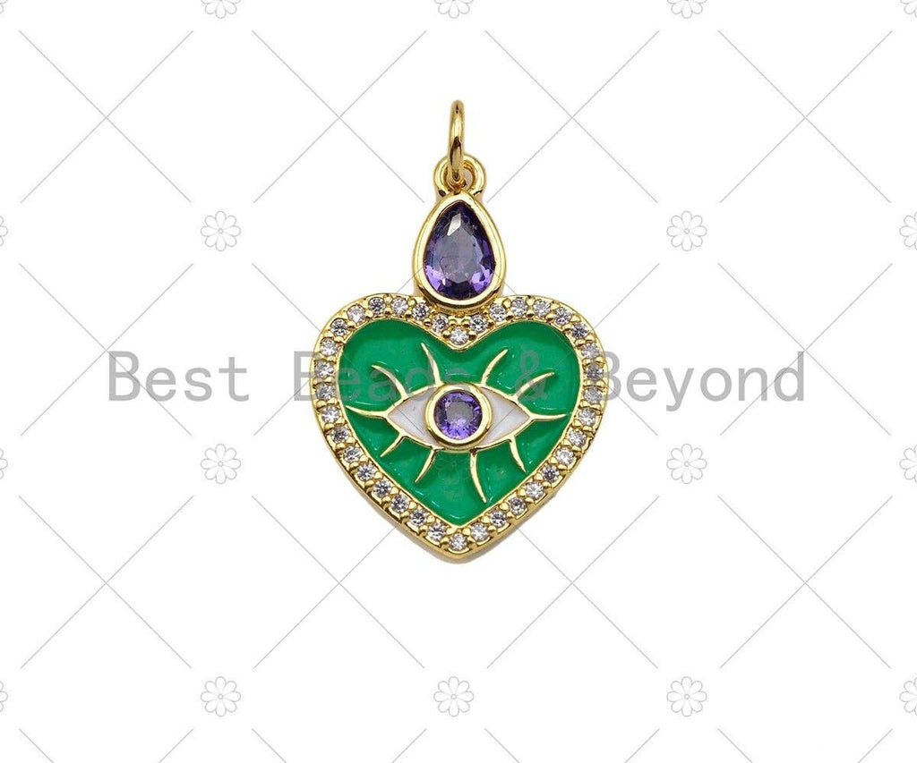 Whtie Evil Eye with Purple CZ On Green Enamel Heart Shape Pendant,CZ Micro Pave Enamel Pendant,Enamel Jewelry,23x17mm,Sku#Y422