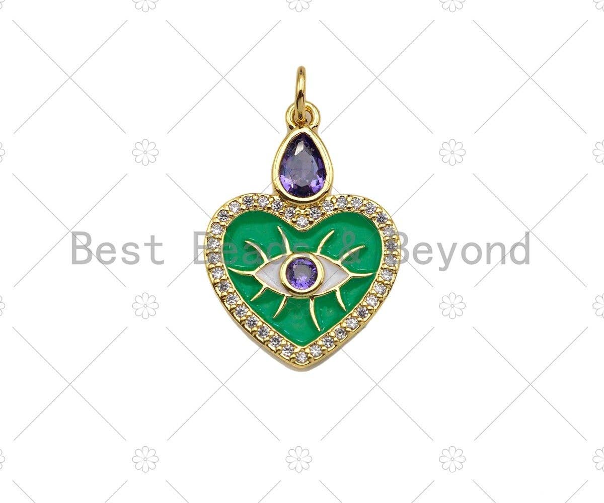 Whtie Evil Eye with Purple CZ On Green Enamel Heart Shape Pendant,CZ Micro Pave Enamel Pendant,Enamel Jewelry,23x17mm,Sku#Y422
