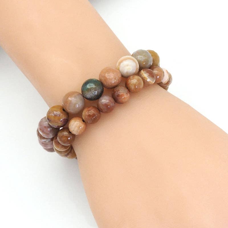 Genuine Wood Agate Round Faceted Stretchy Bracelet, 8mm/10mm, Sku#EF363