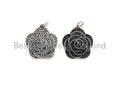 CZ Micro Pave Rose Flower Shape Pendant, Antique Silver Tone, Cubic Zirconia Pave Flower Charm Pendant, 23x25mm,sku#F1029C