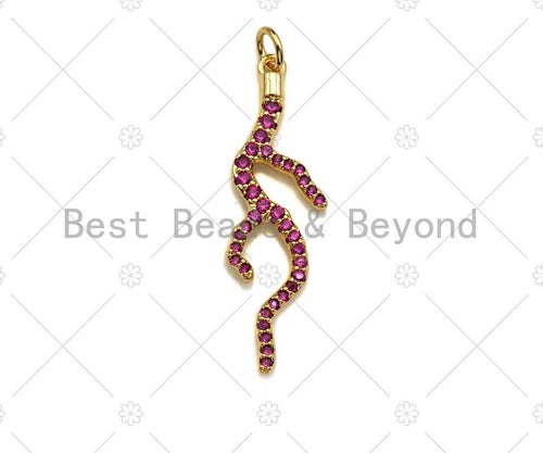 Fuchsia CZ Micro Pave Coral Branch Pendant/Charm, Antler Tree Branch Cubic Zirconia Pendant, Silver/Gold/Rose Gold Tone, 10x34mm, Sku#Y286