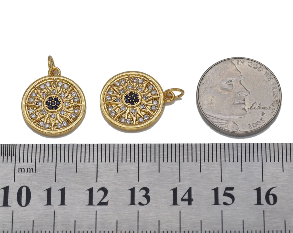 Gold CZ Flower with blue center Coin Charm, Sku#Y743
