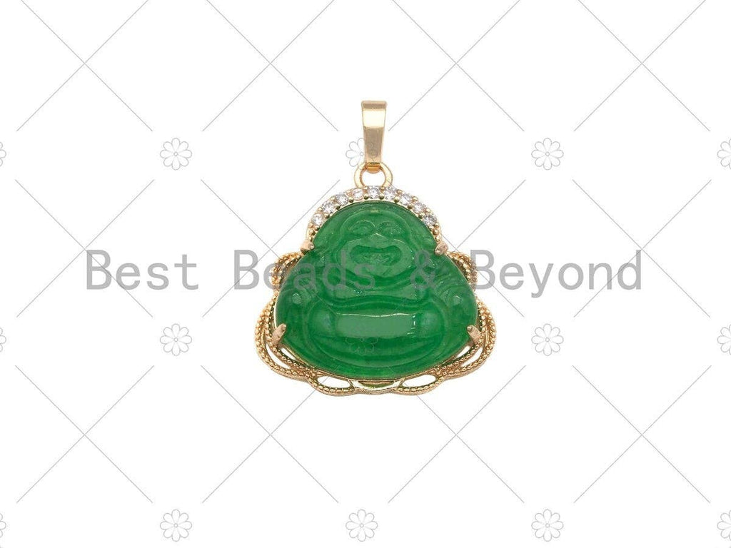 Green Jade Laughting Buddha CZ Pendant, Religious Buddhism Dainty Gold Pendant, Jadite Necklace Bracelet Pendant Charm,29x28mm, Sku#U1153
