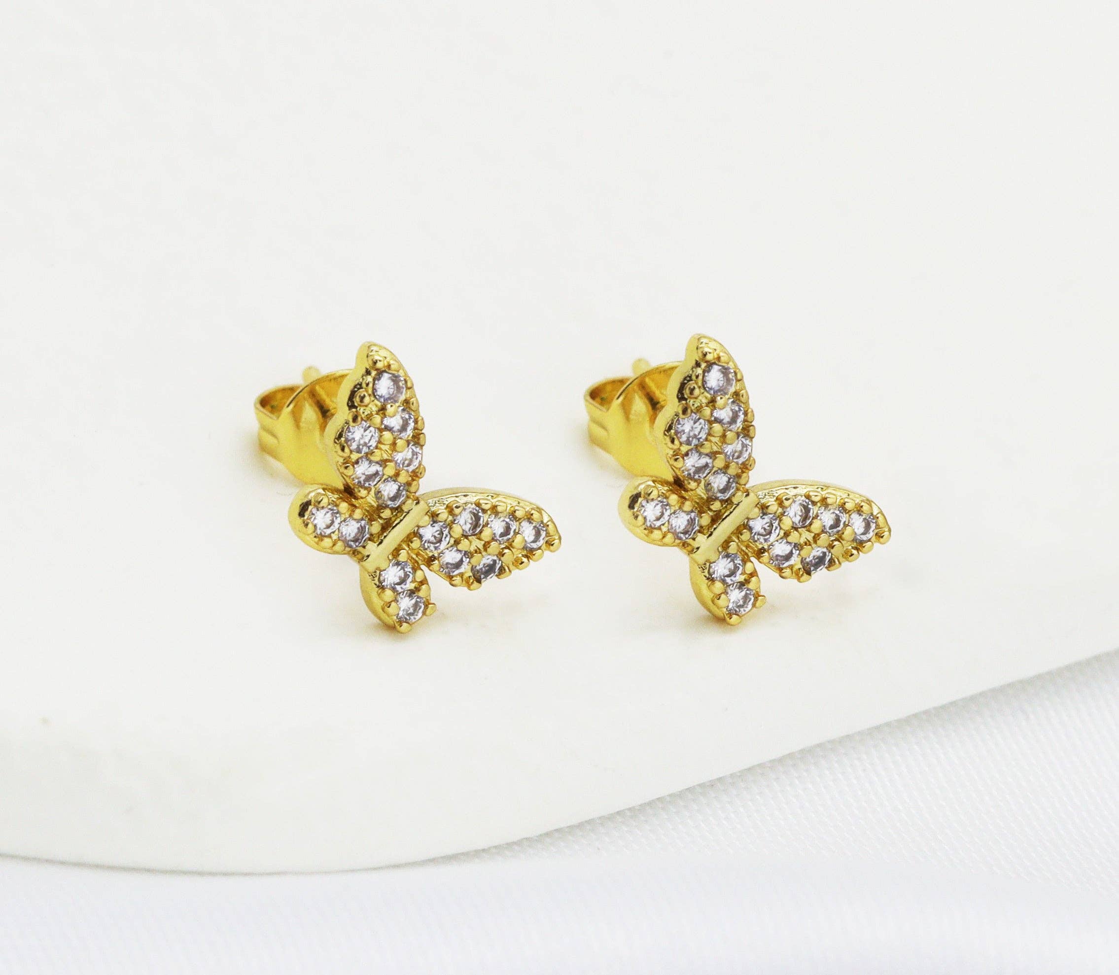 CZ Gold Butterfly Stud Earrings, Sku#Y721