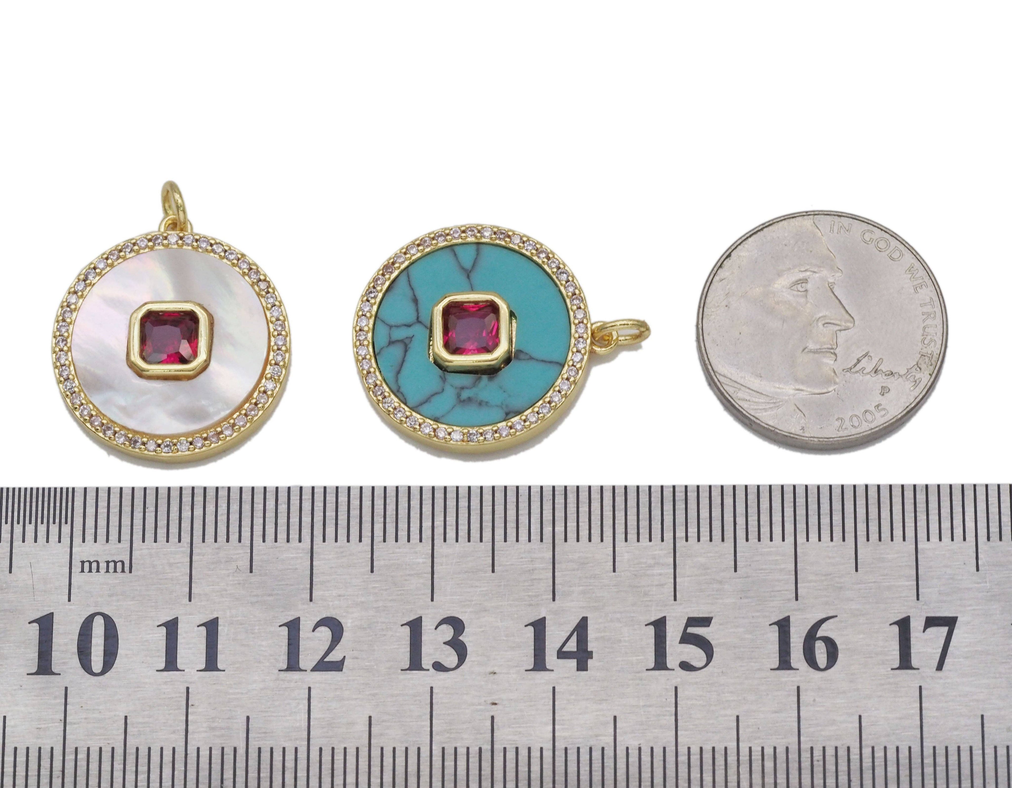 Gold Square CZ on MOP/Turquoise Round Charm, Sku#L692