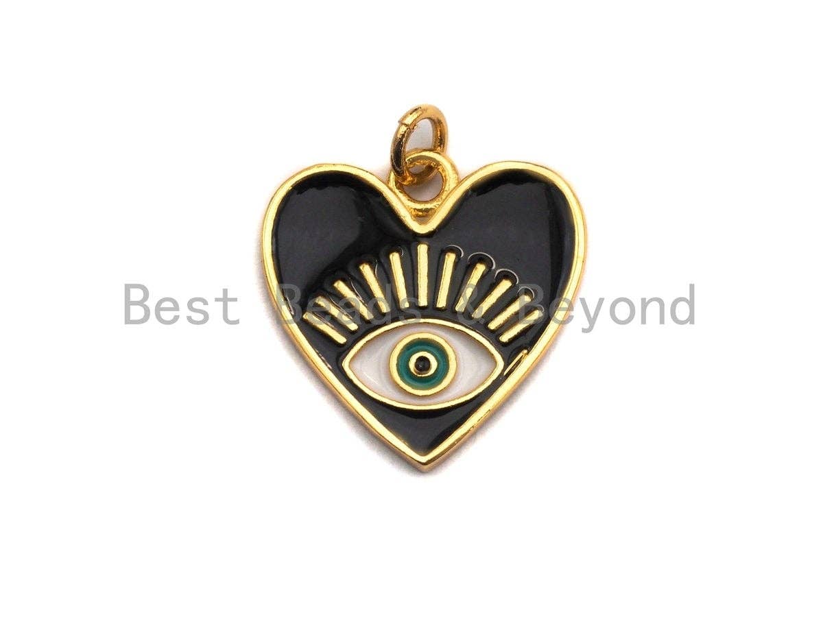 Enamel White and Black Evil eye on Heart pendant, Enamel heart charm, Protection Evil eye charm, 17x18mm, sku#Z404