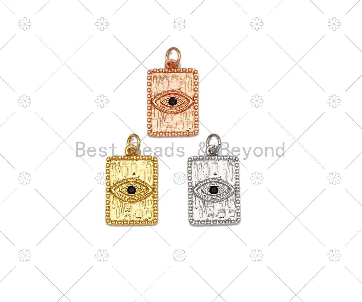Black CZ Micro Pave Evil Eye On Rectangle Shape Pendant, Gold/Silver/Rose Gold Evil Eye Charm, Bracelet Necklace Pendant,13x21mm,Sku#Y515