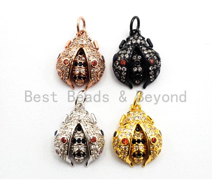 CZ Micro Pave Ladybird Charm, Cubic Zirconia Pave Ladybug Pendant/Charm, Micro Pave Bug Charm Gold/Silver/Rose Gold/Black, 13x16mm, SKU#Y112