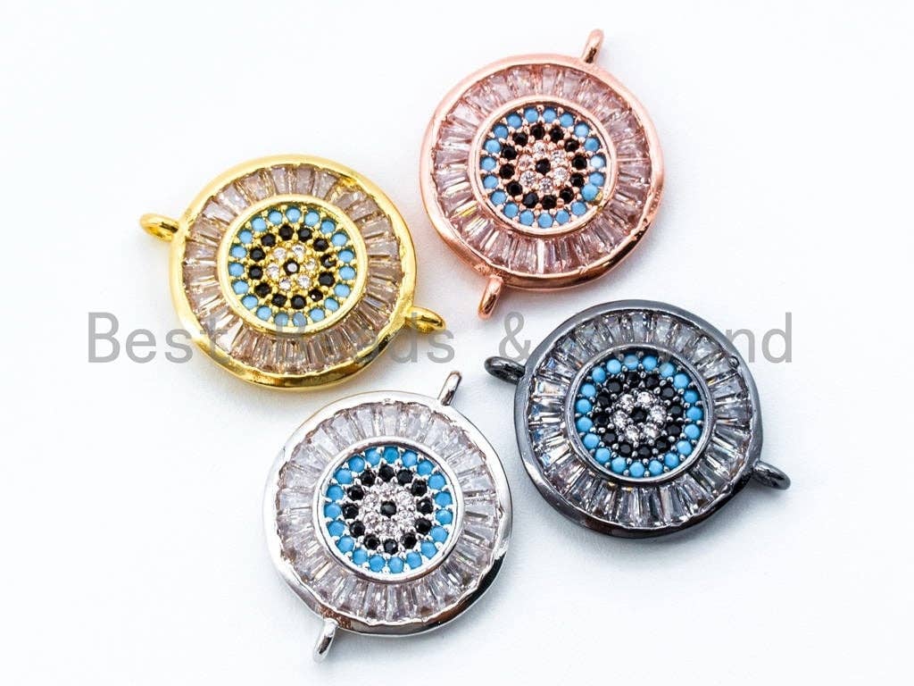 CZ Micro Pave Round Turquoise Black Evil Eye Connector, Evil Eye Connector,  20x15mm, Sku#E146C