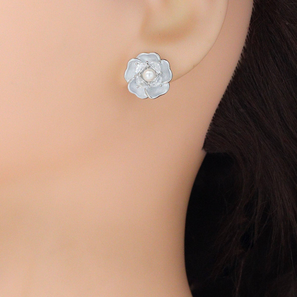 Silver Flower White Pearl Stud Earrings, Sku#ZX232