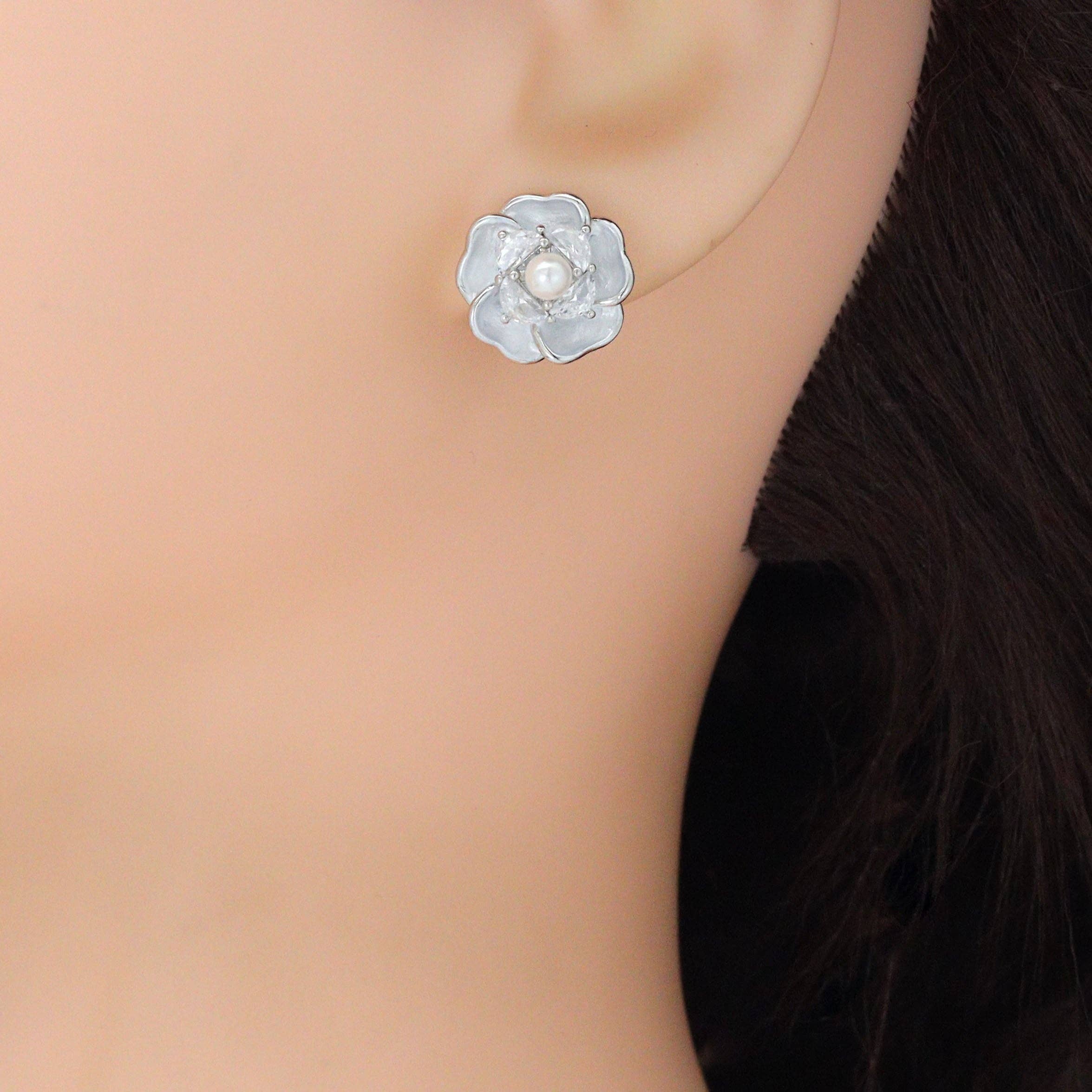 Silver Flower White Pearl Stud Earrings, Sku#ZX232