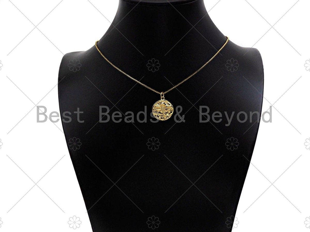 Dainty Dragonfly On Round Coin Shape Pendant/Charm, Gold Dragonfly Medallion Charm, Necklace Bracelet Charm Pendant,18x20mm, Sku#Z1274