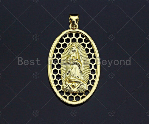 18K Gold Virgin Mary On Oval Emblem Pendant, Hollow Out Oval Charm, Virgin Mary Pendant, Dianty Gold Medallion Charm,31x19mm, Sku#F1145