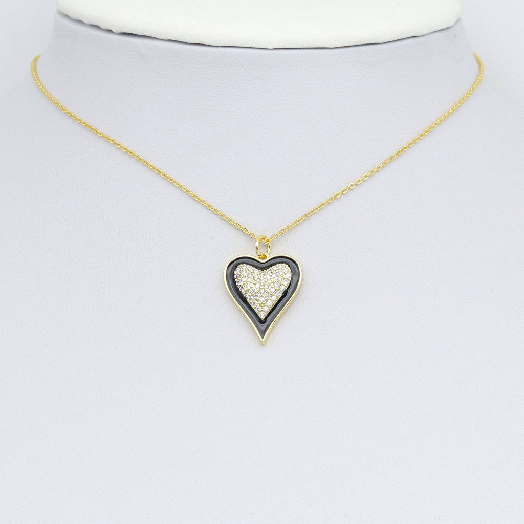 Clear CZ Black Enamel Gold Heart Charm Pendant, Sku#Y1023