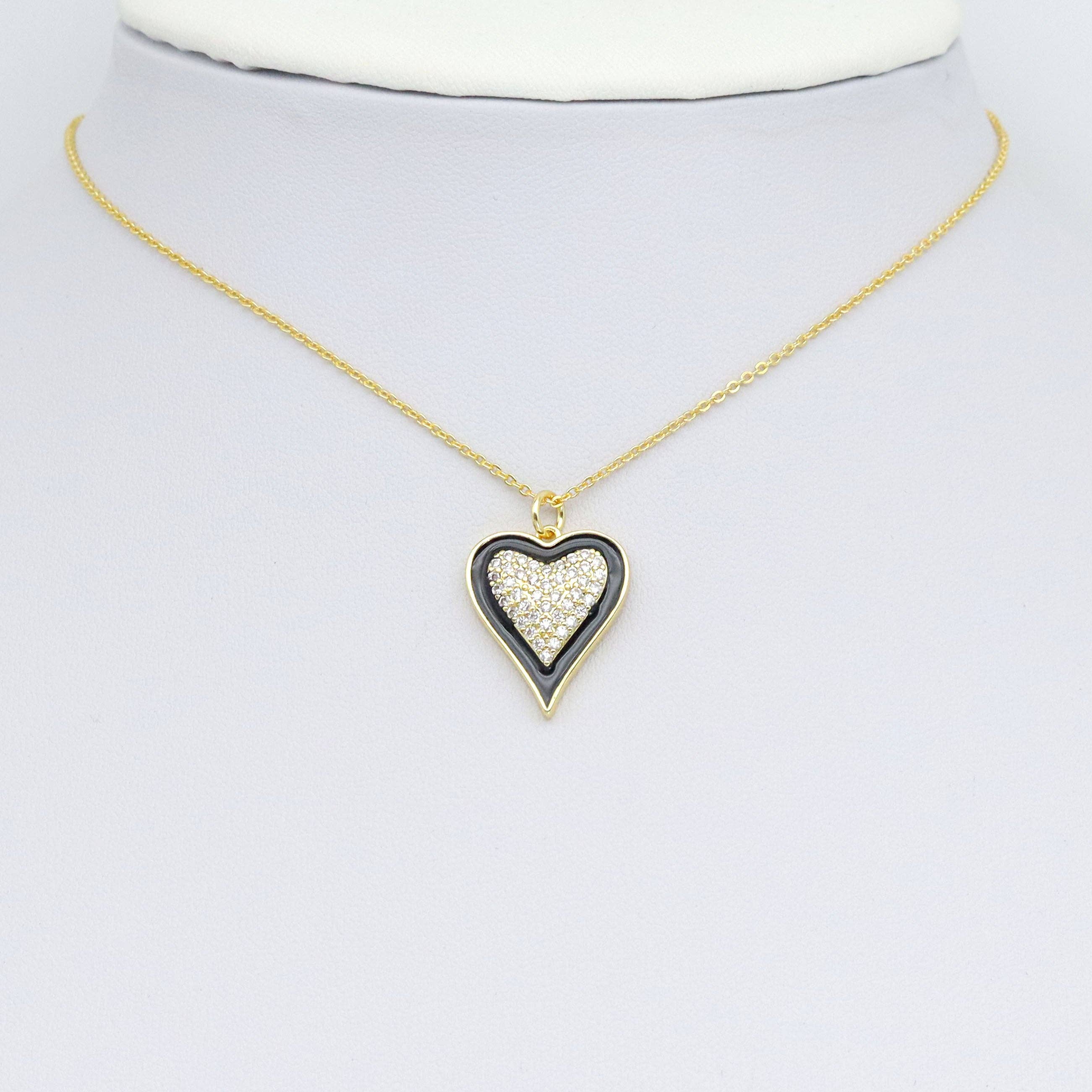 Clear CZ Black Enamel Gold Heart Charm Pendant, Sku#Y1023