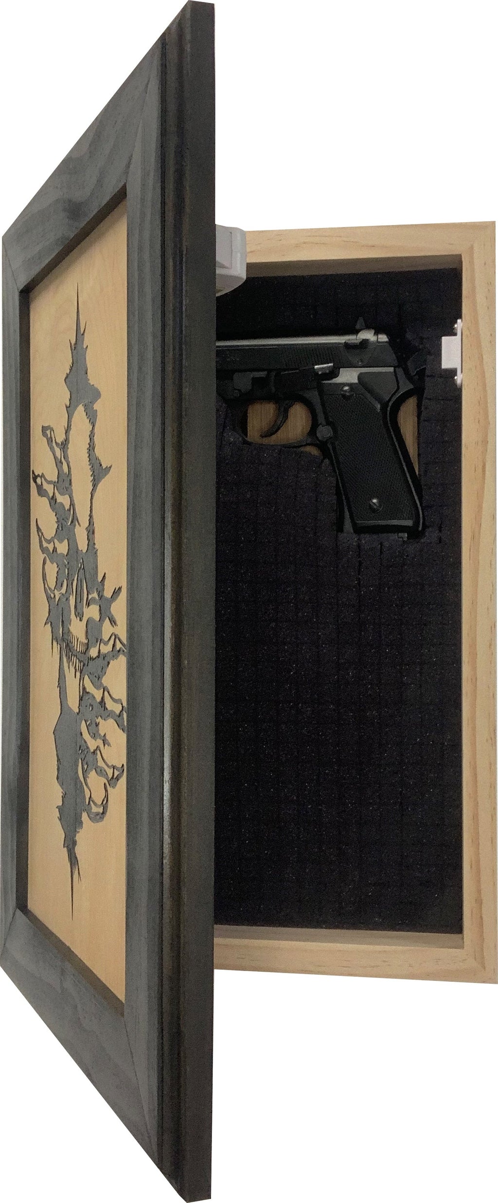 Hidden Gun Storage Cabinet Concealment Furniture, Gothic Skull Through The Wall Design, Concealed Shelf, Secure Firearm Safe, Handmade in the USA