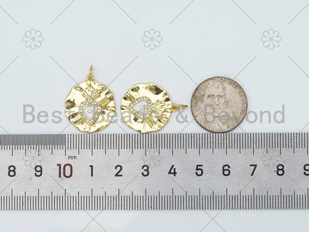 CZ Micro Pave White Enamel Heart On Round Coin Pendant,18K Gold Filled Cupid Arrow Heart Charm, Necklace Bracelet Charm,19x22mm,Sku#Y497